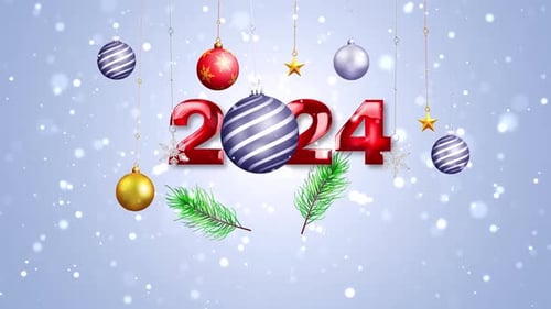 New Year 2024 Celebration with Festive Ornaments and Snow Animation