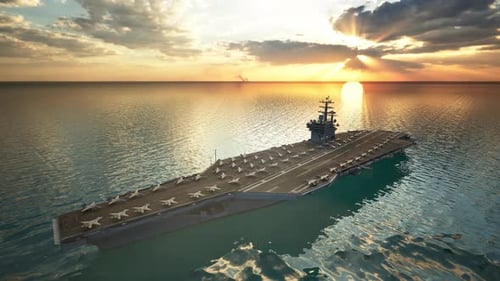 Aircraft Carrier Warship Battleship In The Ocean Navy, Sunset Time
