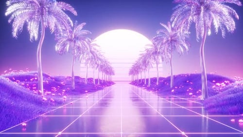Synth Wave Road With Palms And Landscape