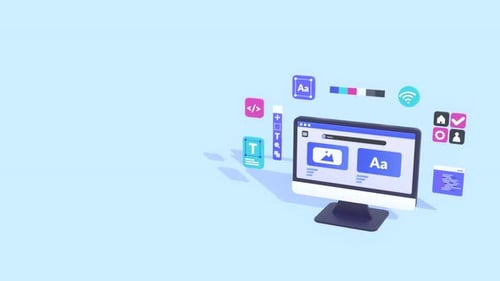 Animated Desktop Computer with Digital Design and Development Elements