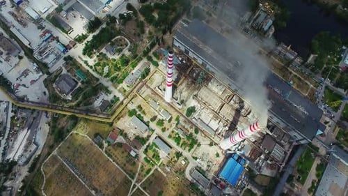 Electric Power Plant Infrastructure with Smokestacks. Aerial View of Energy Power Station