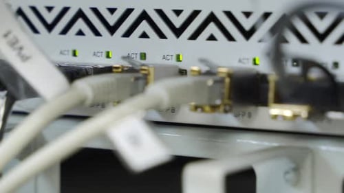 Optical Server and Router of the Data Center Server Room Network Equipment Blinking with Lights on