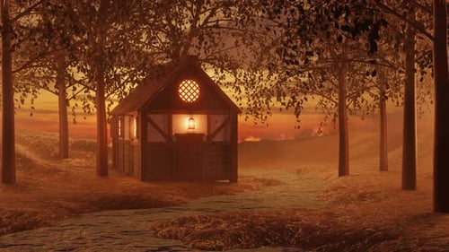 3D Rendering of Illuminated Wooden Cottage in Forest at Sunset