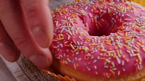 Donuts with Colorful Sprinkles Close Up Pink Sweets Macro