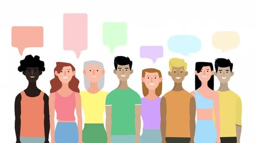 Animation eines multiethnischen Volkes, das mit einer Dialogbox spricht