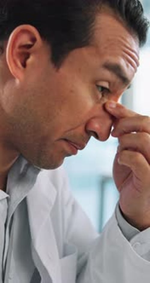 Adult Man Coughing in Medical Coat Close Up