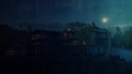 Rain Falls On Stilt Houses On The River In The Rainforest