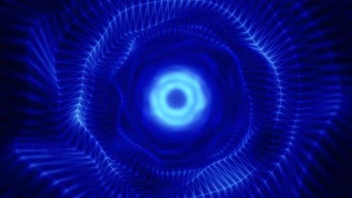 A glowing blue vortex with geometric wireframe patterns converging toward the center abstract tunnel