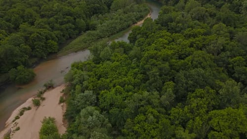 Shallow Waterways With Sandbank Near Lake Eucha In Delaware County, Oklahoma, USA. Aerial Drone Shot