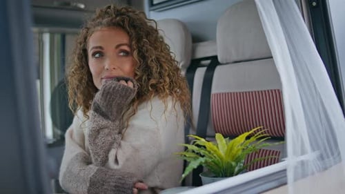 Peaceful Woman Relaxing Motorhome Looking Window Close Up Calm Lady Sitting Van