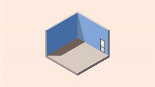 Habitación vacía isométrica con animación de puertas y ventanas. Habitación de inicio isométrica. Interior de la habitación