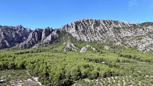 Montserrat Mountain Range - Natural Park in Catalonia Spain AERIAL