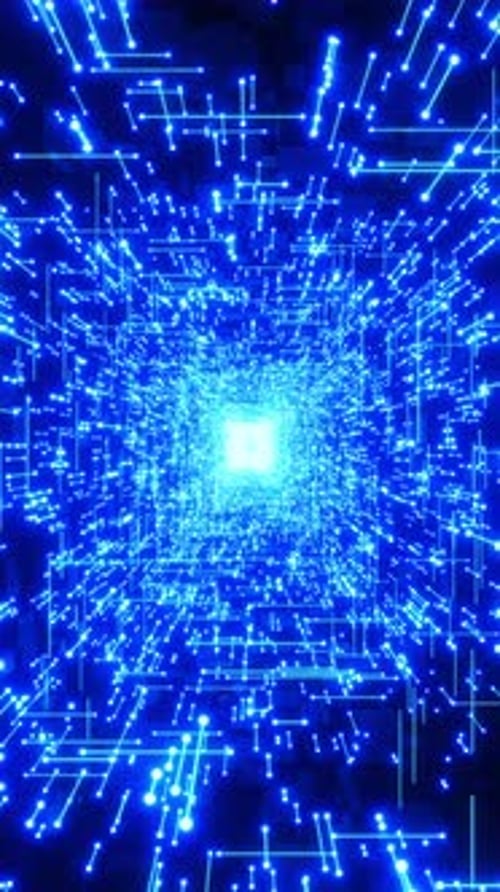 Vertical VJ, DJ loop. Cyberspace tunnel with particles and light paths. Background for music and vid