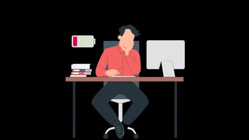 Flat Design Animation of Exhausted Person at Work with Battery Life Indicator