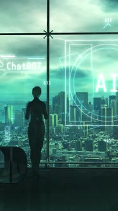 Empresaria en la oficina trabajando con renderizado 3D de inteligencia artificial