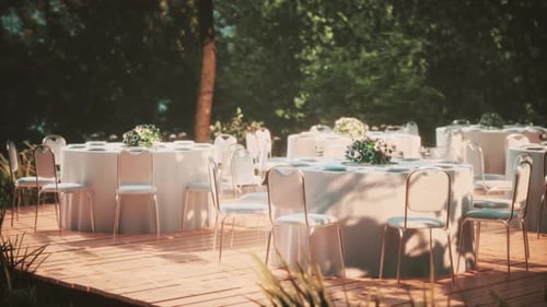 Empty Wicker Table and Chair in Outdoor Restaurant Forest Garden