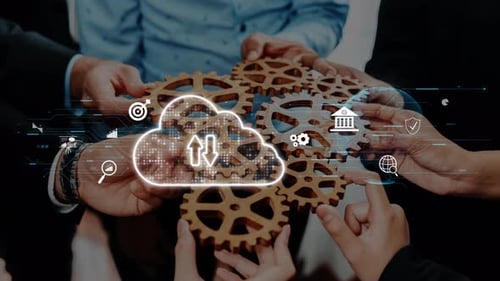 Collaborative Technology Solutions Concept with Gears and Cloud Computing Symbolizing Digital Transf