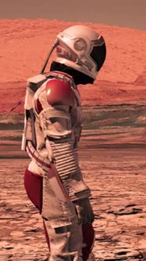 Astronaut im weißen Raumanzug läuft auf der roten Wüstenlandschaft des Mars.