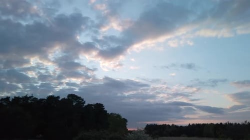 Time lapse of clouds crossing the amazing sky over the silhouette of forest at sunset.
