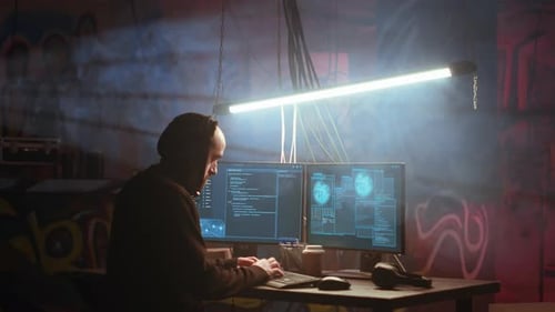 Hacker Working at Computer in Dark Smoky Room