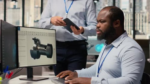 Ingénieur responsable supervisant l'utilisation d'une application CAO pour optimiser la conception des éoliennes