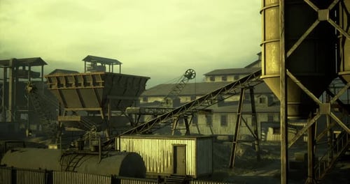 Industrial Landscape with Machinery and Structures Under Overcast Sky