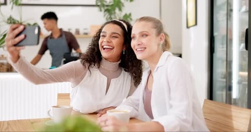 Happy, selfie or women at cafe with peace, hands or air kiss gesture while bonding on vacation