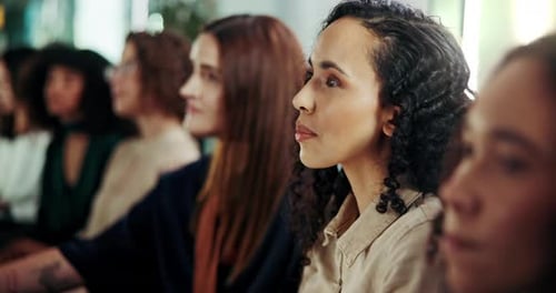 Seminar, crowd and business people in office for meeting, conference or discussion for training