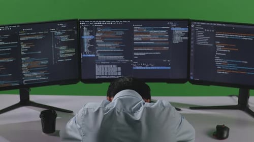 Asian Man Yawning Before Sleeping While Write Code With Multiple Computer Screens In Green Screen