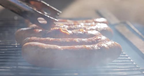 Delicious juicy sausages, cooked on the grill with a fire.