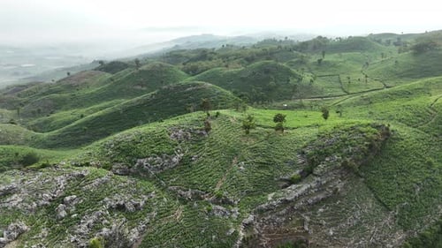 Drone flying through green hill landscape