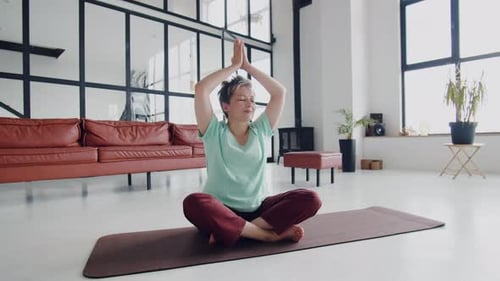 Old Woman Make Yoga Exercise at Home Mature Woman Have Meditation in Studio Relax Her Body and Mind