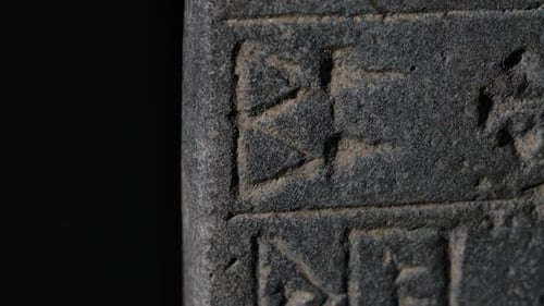 Ancient Stone Tablet with Carved Symbols Close Up