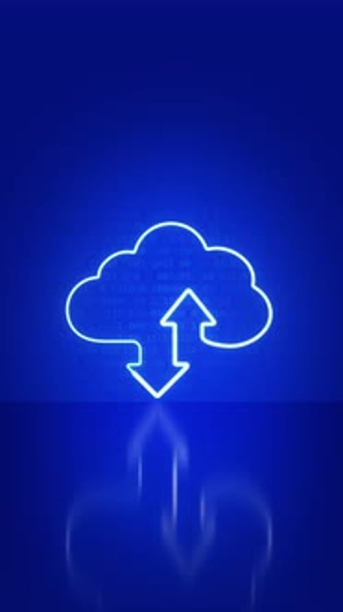 Cartel de almacenamiento en la nube Armor con dos flechas hacia arriba y hacia abajo en azul con fondo reflectante. Tecnología en la nube