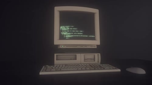 Ordinateur personnel ou PC rétro avec code source affiché à l'écran, affichage