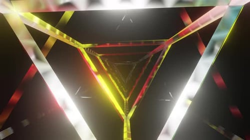 Abstract Disco Neon Background, Flight Forward Through Triangular Corridor, Flickering Colorful