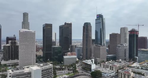 Aerial View of Los Angeles Downtown Fly Drone Skyscrapers Cityscape Los Angeles USA June 1 2022