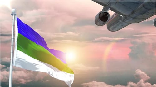 Animated Flag and Airplane Flying in Sunset Sky