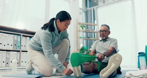 Physiotherapist, band or old man stretching legs to help in physical therapy for mobility