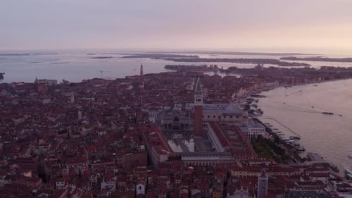 Aerial view of basilica, square, sunrise, canal, Venice, Italy.
