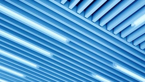 Abstract Blue Geometric Ceiling with Fluorescent Lighting