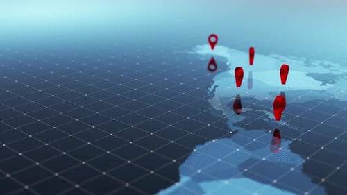 Carte du monde avec concept de localisation des destinations technologiques mondiales. Connexion réseau et position globale