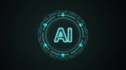 Blue digital AI logo with HUD circle technology interface and futuristic element abstract background