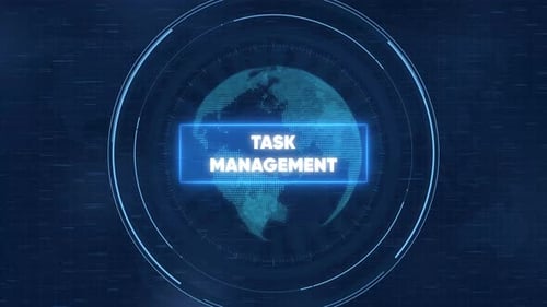 Task management digital hud interface with rotating global earth map and data analytics