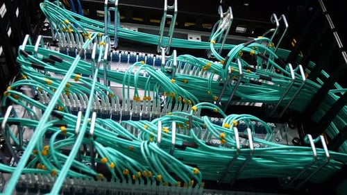 Backside View Crypto Servers Connected with Green Wires