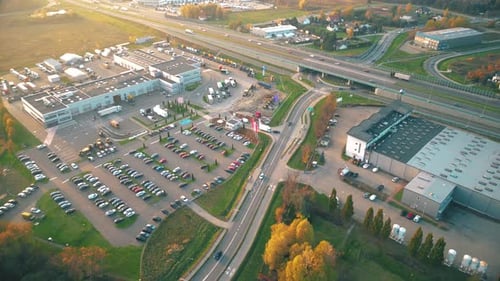 Aerial view of warehouse storages or industrial factory or logistics center from above. Aerial view