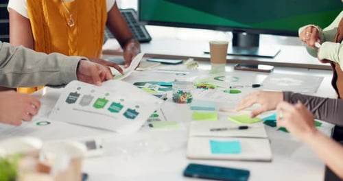 Business people, hands or meeting with documents for statistics, analytics or performance review