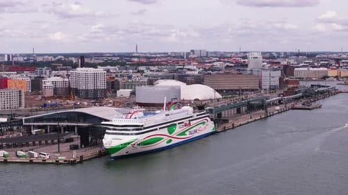 Slide and Pan Shot of Logistic Terminal in City Harbour Vehicles Waiting for Loading to Ferry