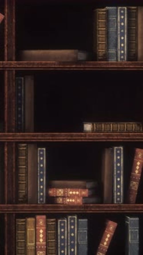Vintage Bookshelf Panning Shot with Ornate Old Books
