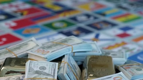 World Flags with Stacks of Money and Gold